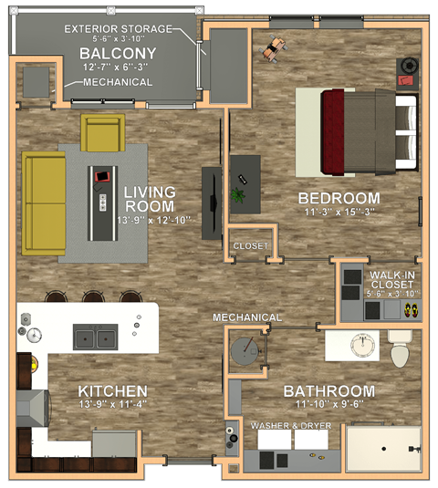 Floor plan for 1 bed, 1 bath, 722 sqft